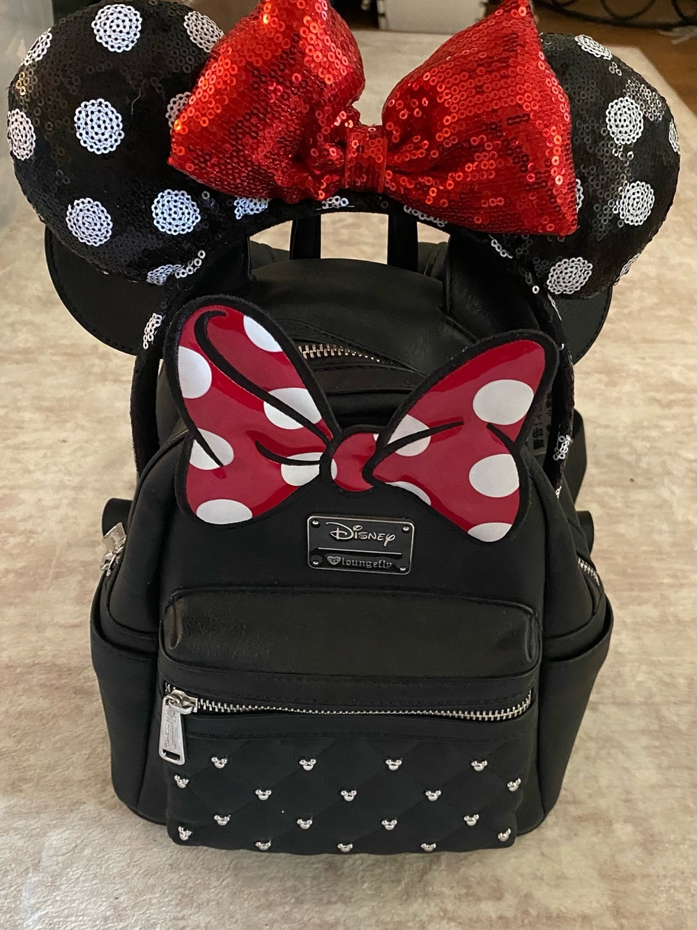 Disney Black Mini Backpack with Red Polka Dot Bow and Sequin Ears
